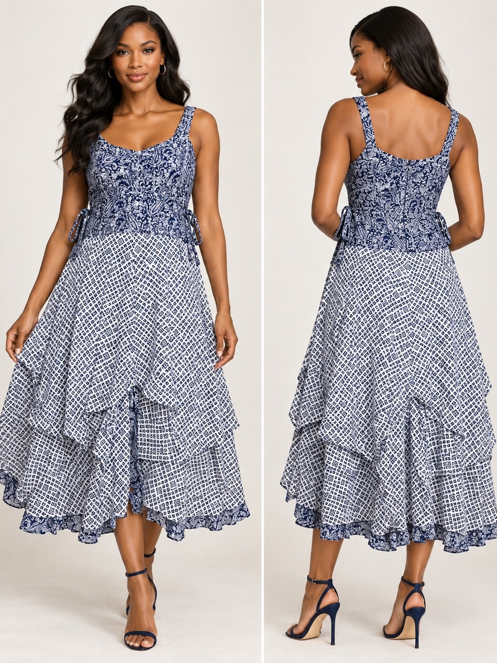 Marie Claire Size 11 Blue White Cotton Paisley Tiered Midi Dress Cottagecore